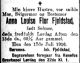 Dødsannonse for Anna Luise Flor Fjeldstad, født Selmer